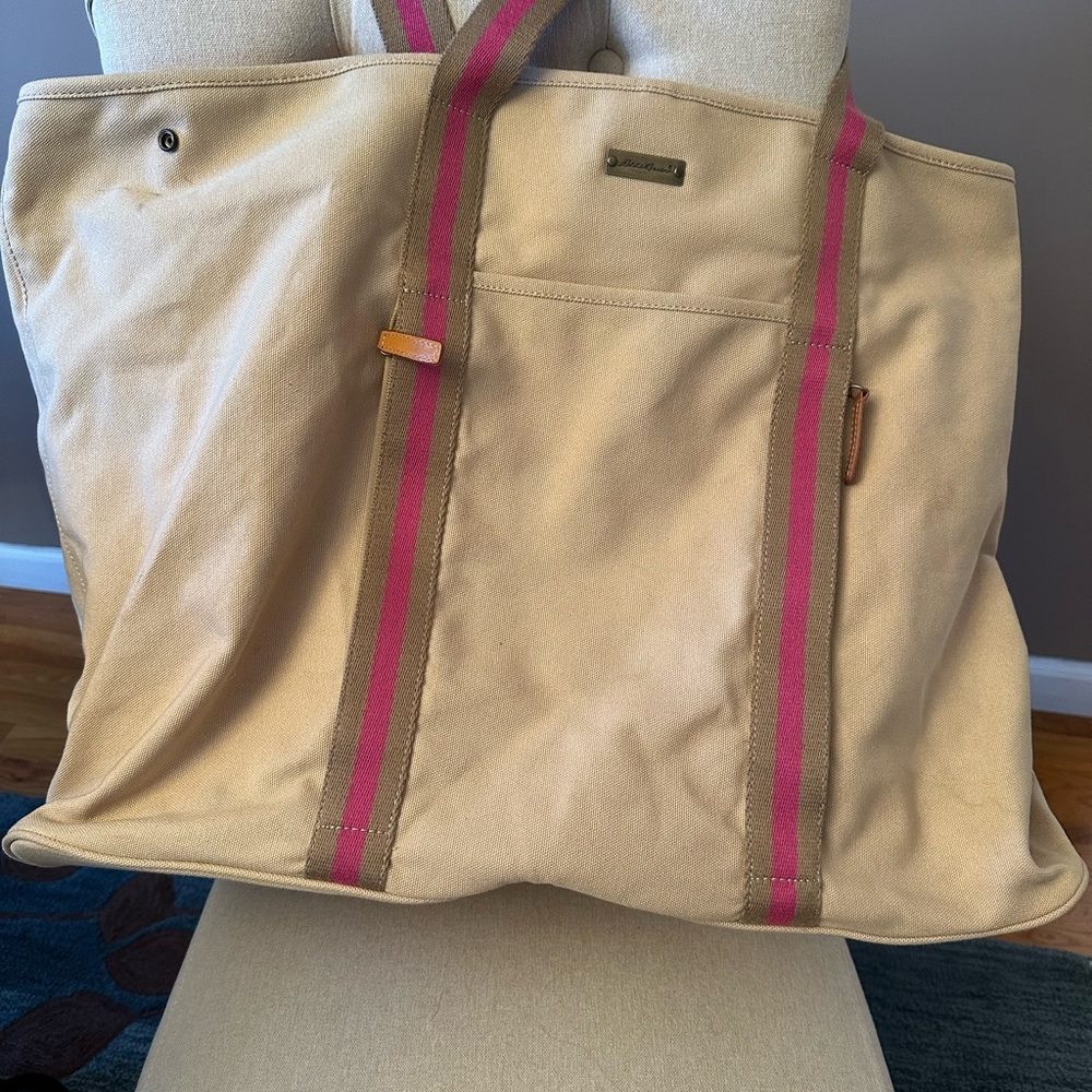 Eddie Bauer Tan Tote with Pink Stripes